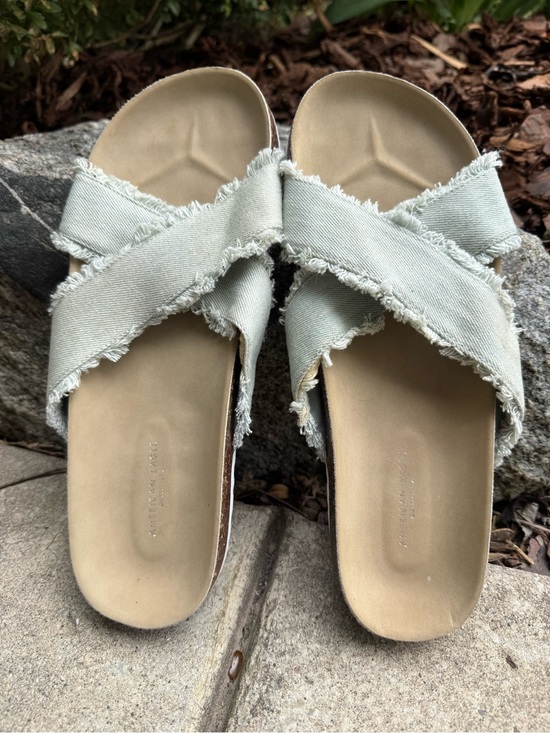 American Eagle Outfitters Shoes - American Eagle Women's Frayed Cross-Band Slide Sandals blue 10 EUC
